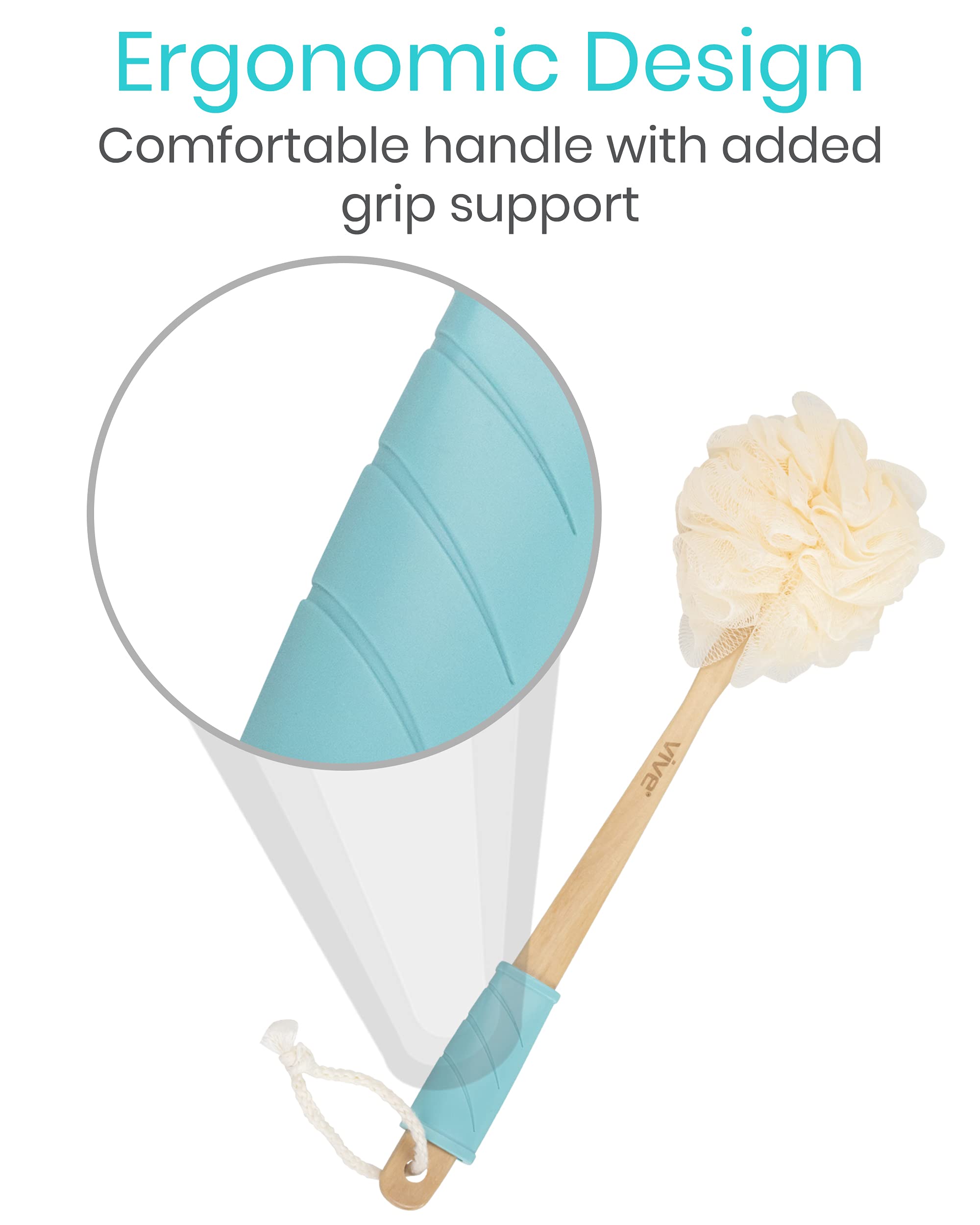 Vive Loofah Back Scrubber |Long Handled Exfoliating Bath & Shower Body Brush Luffa Sponge On A Stick W/ String For Hook | Men & Women